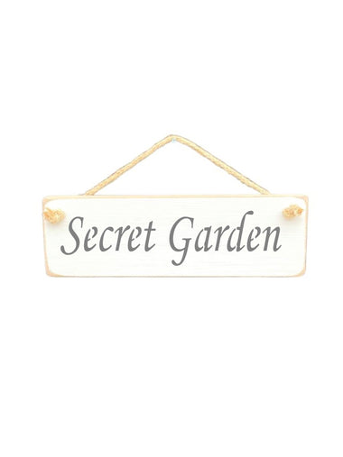 30cm x 10cm, solid wood decorative garden sign, handmade in the UK by Austin Sloan with a garden quote "Secret Garden" in a antique white colour