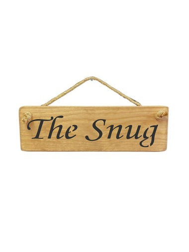 30cm x 10cm, solid wood decorative home sign, handmade in the UK by Austin Sloan with a home quote "The Snug" in a natural wood colour