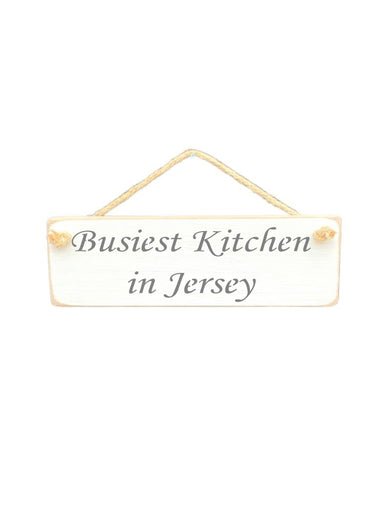 30cm x 10cm, Solid wood decorative personalised kitchen sign, handmade in the UK by Austin Sloan with a Personalised kitchen quote "Busiest kitchen in Personalised Area" in a antique white colour