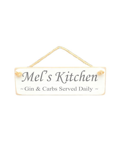 30cm x 10cm, solid wood decorative personalised kitchen sign, handmade in the UK by Austin Sloan with a personalised gin lovers quote "Mel's Kitchen Gin & Carbs Served Daily" in a antique white colour
