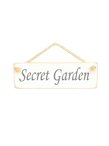 30cm x 10cm, solid wood decorative garden sign, handmade in the UK by Austin Sloan with a garden quote "Secret Garden" in a antique white colour