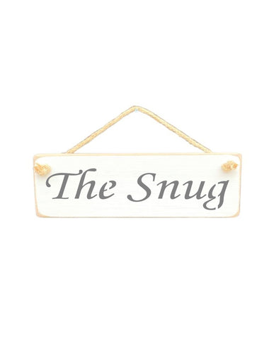 30cm x 10cm, solid wood decorative home sign, handmade in the UK by Austin Sloan with a home quote "The Snug" in a antique white colour